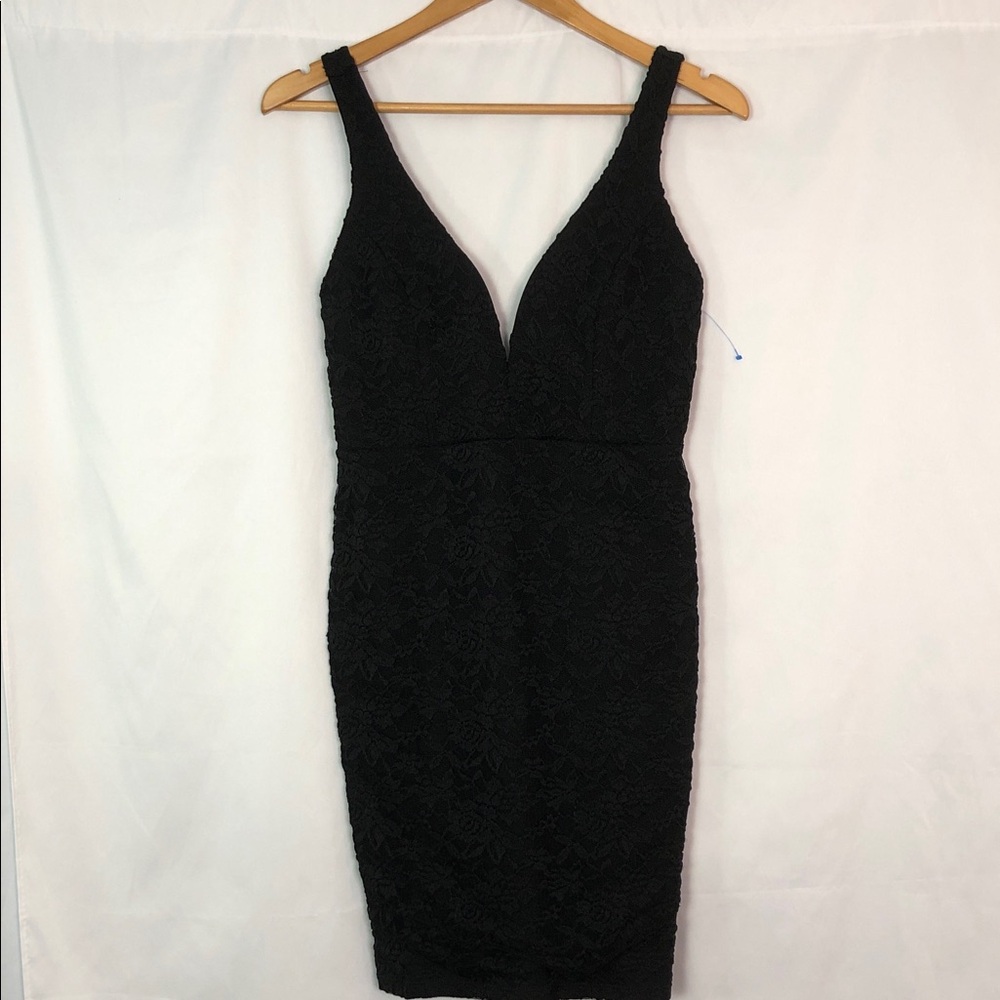 Lulu's Black Coveted Curated Collection Lace V-Neck Mini Dress Size L